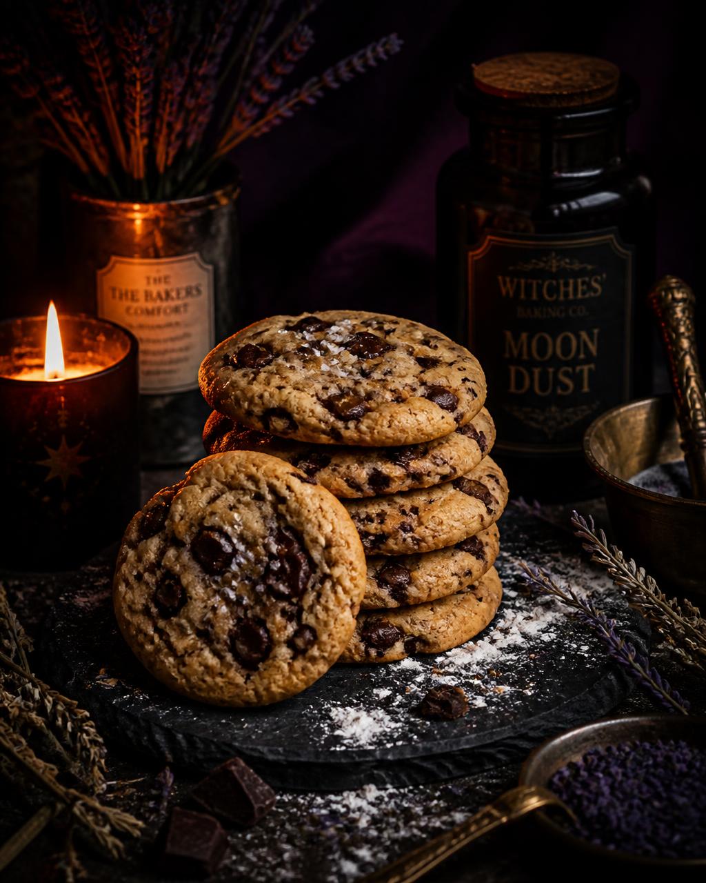 Stack of chocolate chip cookies by candlelight