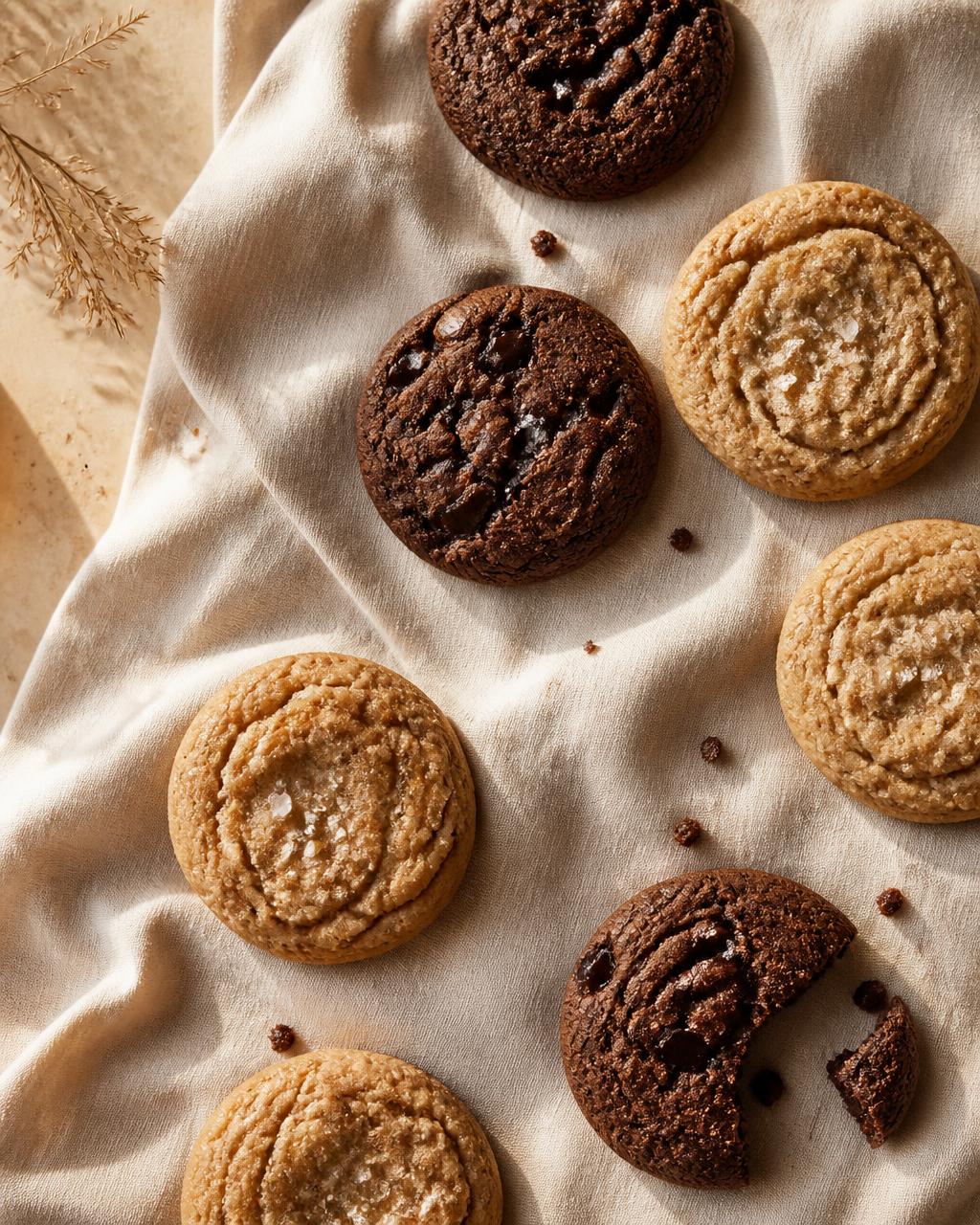 Freshly baked chocolate and chocolate chip cookies on linen